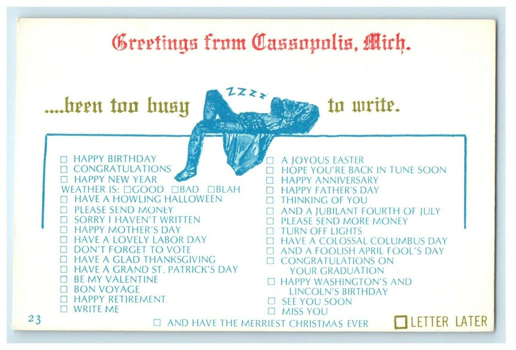 Greetings From Cassopolis Michigan MI Postcard
