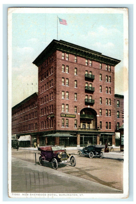 1921 New Sherwood Hotel Street View Cars Burlington Vermont VT Antique Postcard