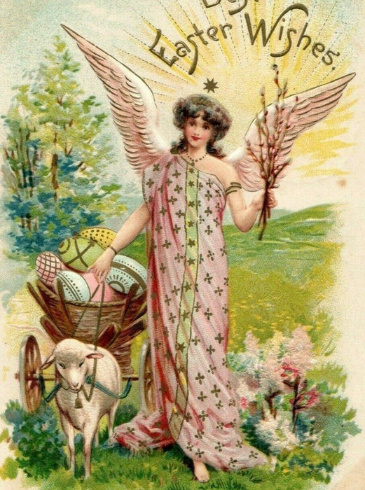 1908 Stunning Easter Angel w/ Sheep Egg Cart Embossed Gold Boise ID Postcard
