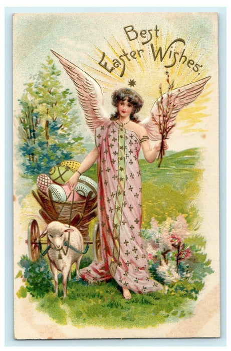1908 Stunning Easter Angel w/ Sheep Egg Cart Embossed Gold Boise ID Postcard