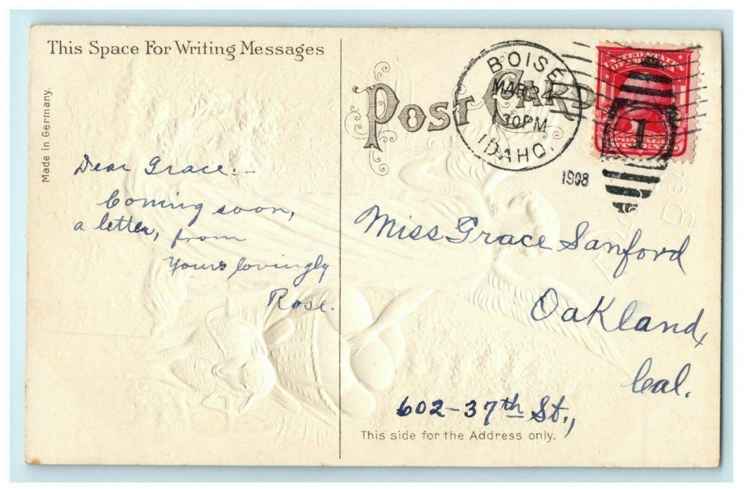 1908 Stunning Easter Angel w/ Sheep Egg Cart Embossed Gold Boise ID Postcard