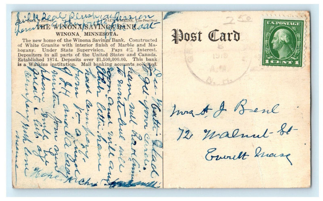 c1910s The Winona Savings Bank Winona Minnesota MN Antique Posted Postcard