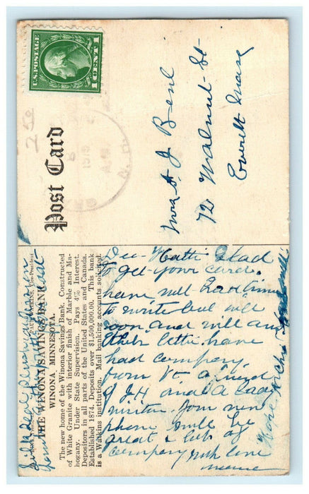c1910s The Winona Savings Bank Winona Minnesota MN Antique Posted Postcard