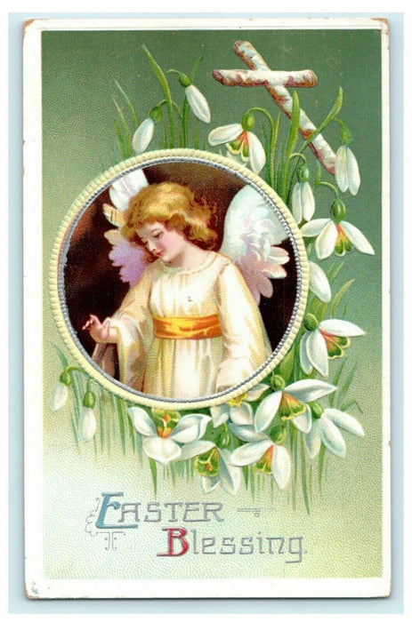 1912 Easter Angel Art Nouveau Lily Flowers Cross Millville CA Antique Postcard