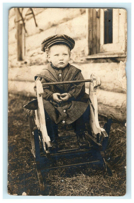 c1910 Boy Riding Toy Horse Child RPPC Photo Unposted Antique Postcard