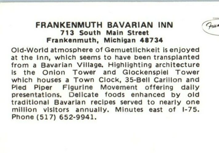 Frankenmuth Bavarian Inn Restaurant Glockenspiel Tower Michigan MI Postcard