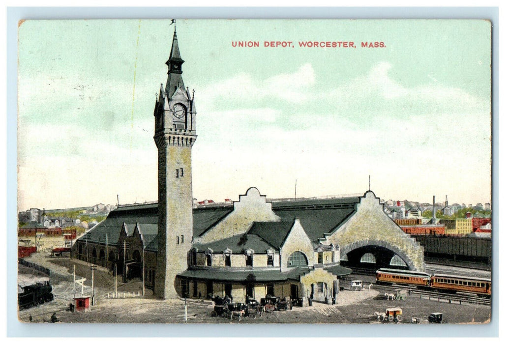 1909 View of the Union Depot Worcester Massachusetts MA Posted Postcard