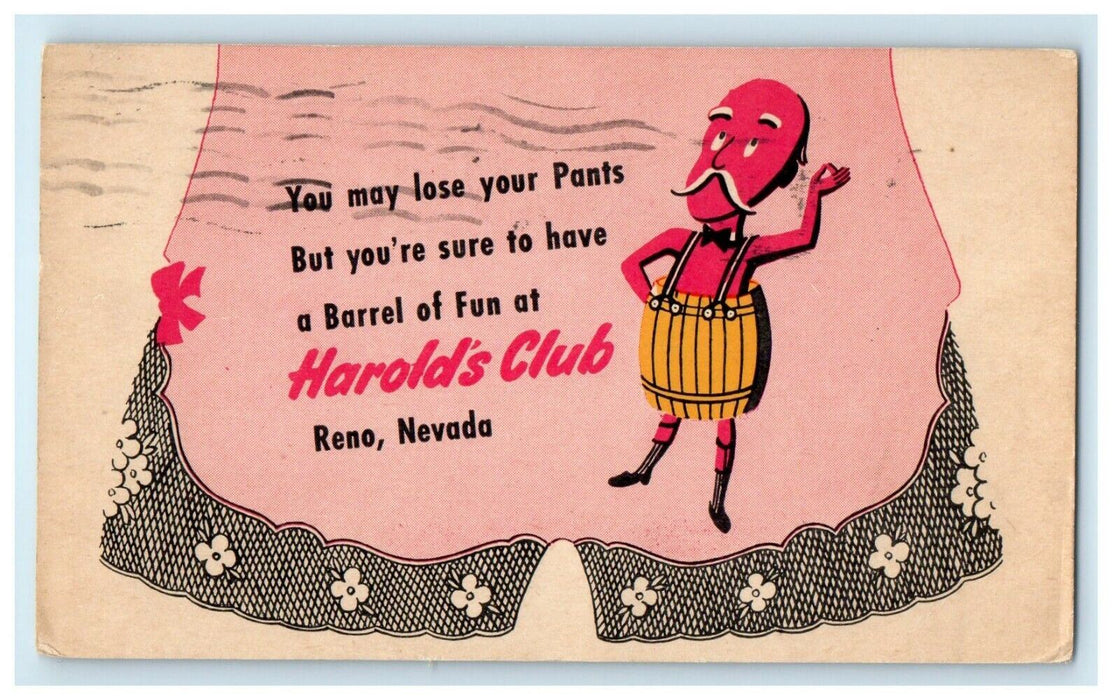 1946 Harold's Club Reno Nevada NV, Man Barrel Of Fun May Lose Pants Postcard