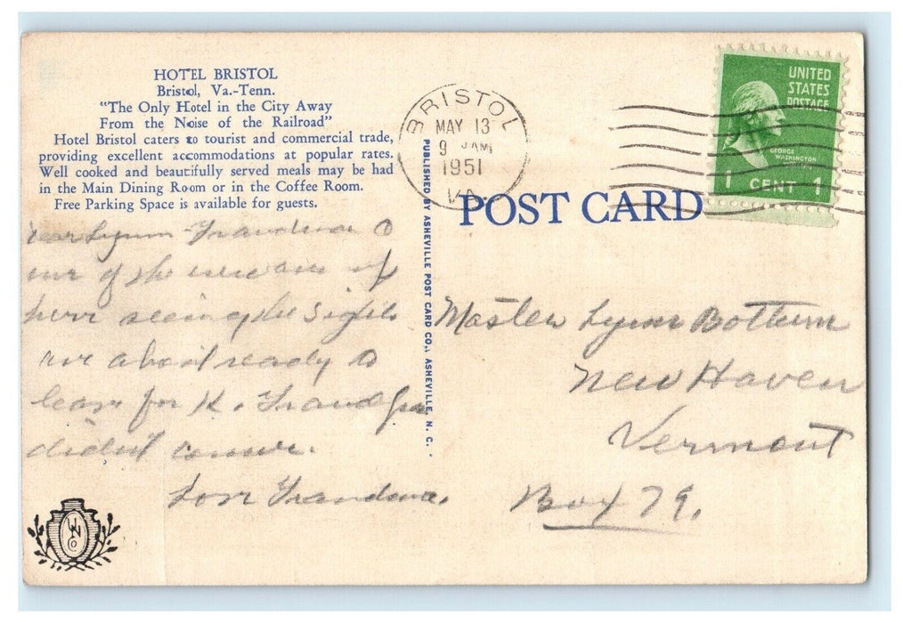 1951 The Hotel Building Bristol Virginia VA Posted Vintage Postcard