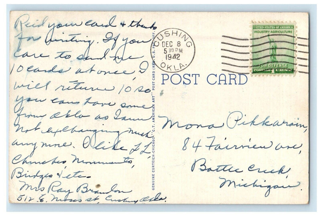 1942 First Methodist Episcopal Church Cushing Oklahoma OK Vintage Postcard