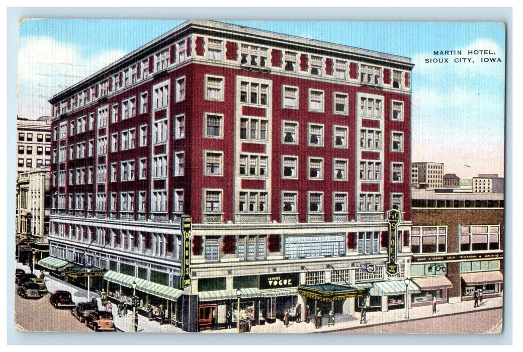 1945 Martin Hotel Building Cars Street View Sioux City Iowa IA Vintage Postcard