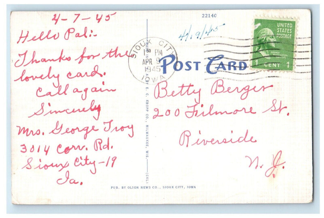 1945 Martin Hotel Building Cars Street View Sioux City Iowa IA Vintage Postcard