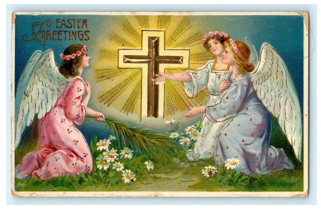 Beautiful Easter Angels Gel Gold Gilt Cross Germany c1910 Antique Postcard