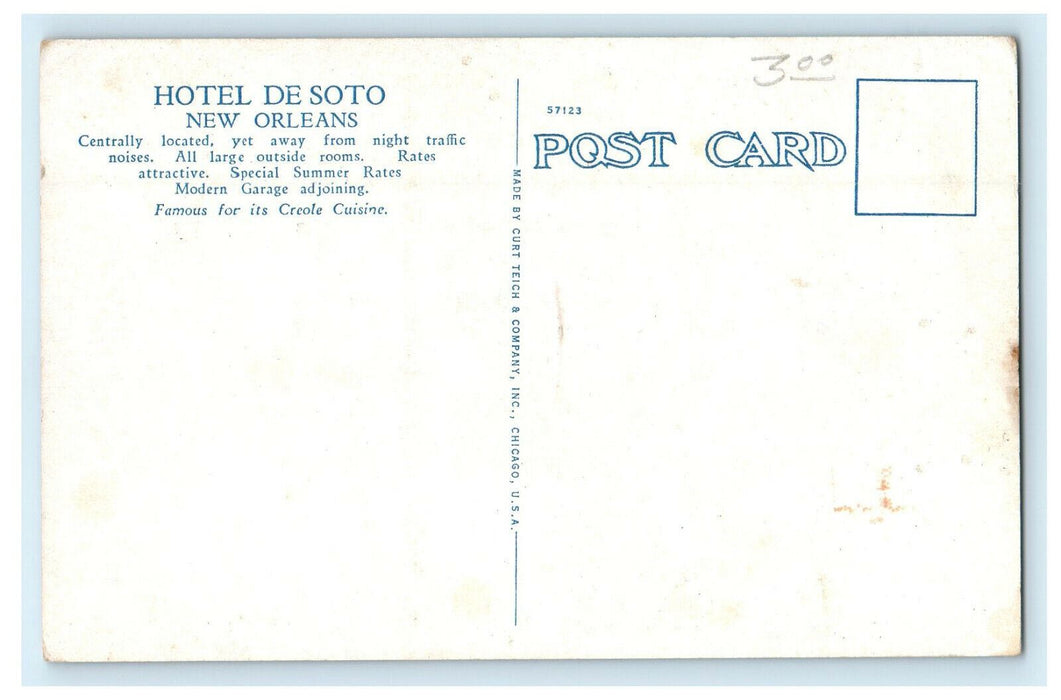 c1910s Hotel De Soto, New Orleans Louisiana LA Antique Unposted Postcard