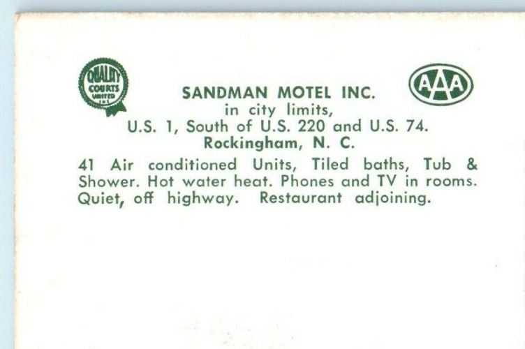 c1950's Sandman Motel Inc. Street View Rockingham North Carolina NC Postcard