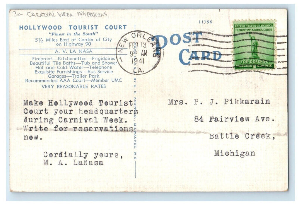 1941 Hollywood Tourist Court Carnival Week Advertising New Orleans LA Postcard