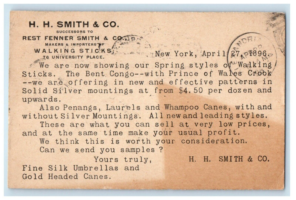 1896 H.H Smith & Co. Walking Sticks Spring Style New York Advertising Postcard