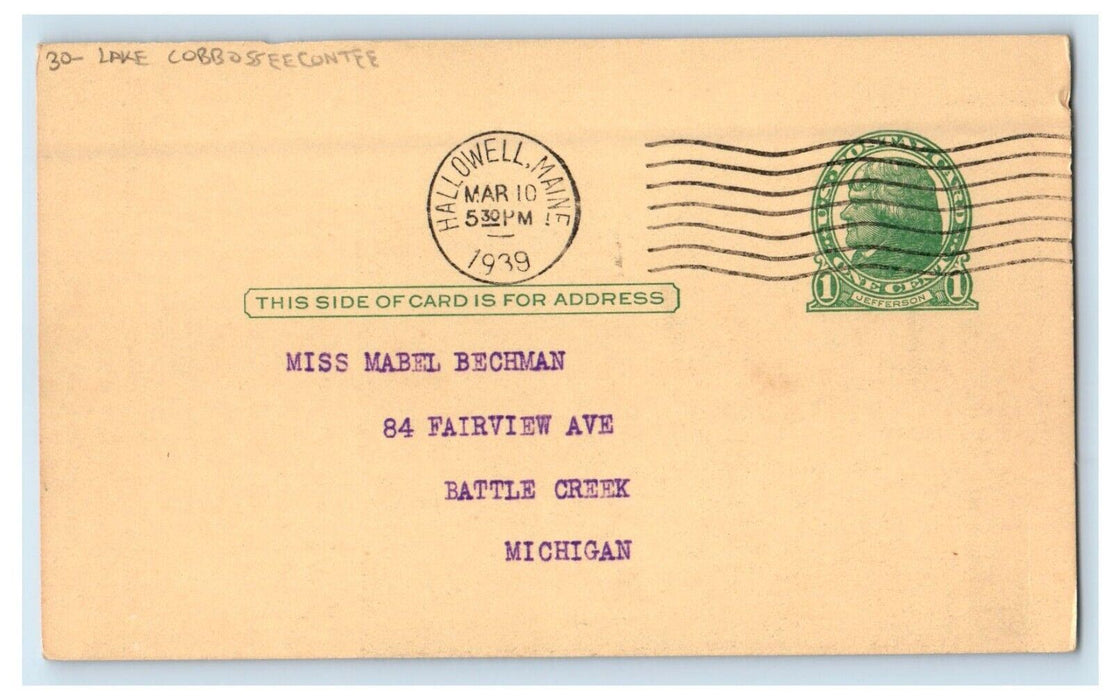 1939 View Of Lake Cobbosseecontee Hallowell Maine ME Posted Vintage Postcard