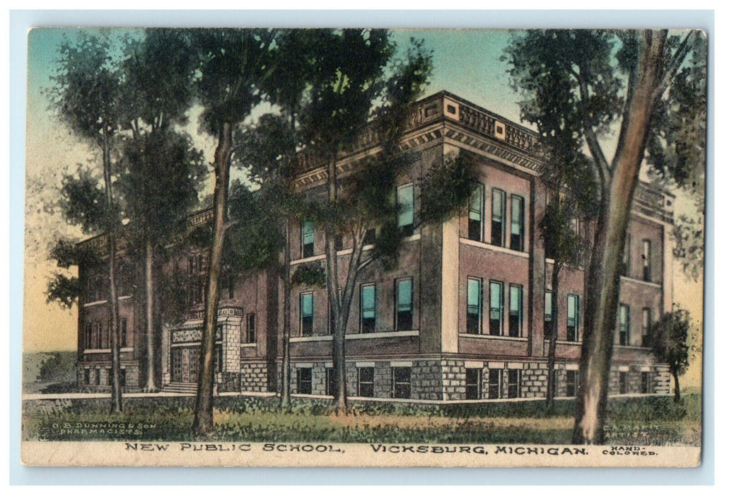 1909 New Public School, Vicksburg, Michigan MI Antique Posted Postcard