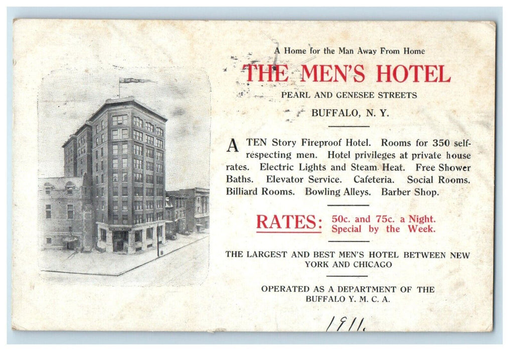 1911 The Men's Hotel Building Rates Buffalo New York NY Advertising Postcard