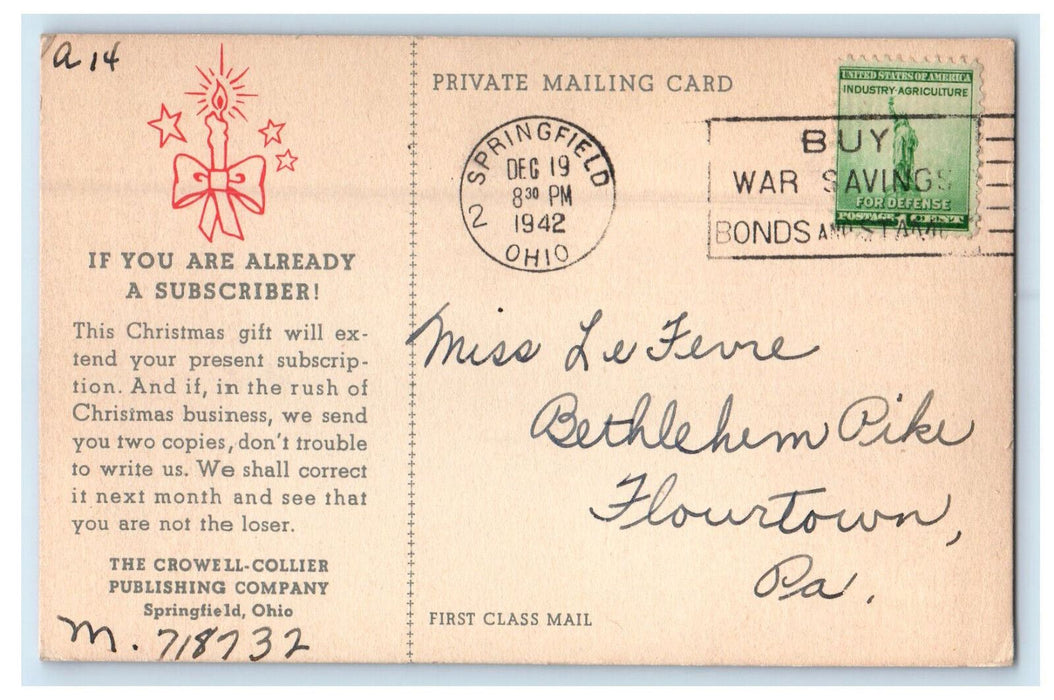 1942 Christmas Greetings The Crowell-Collier Springfield OH Cancel Postcard