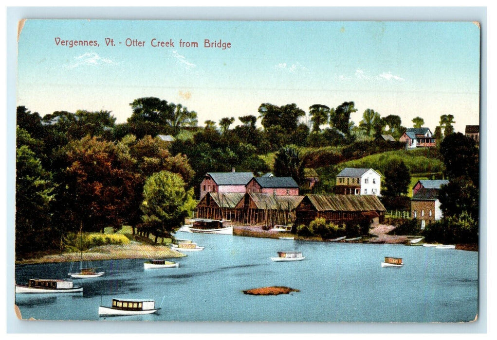 c1910's Vergennes Vermont VT, Otter Creek From Bridge Boats And Houses Postcard