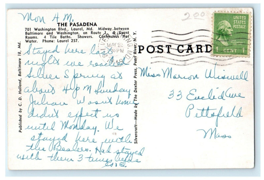 1949 The Pasadena Tourist Home Lodge Washington Blvd Laurel Maryland MD Postcard