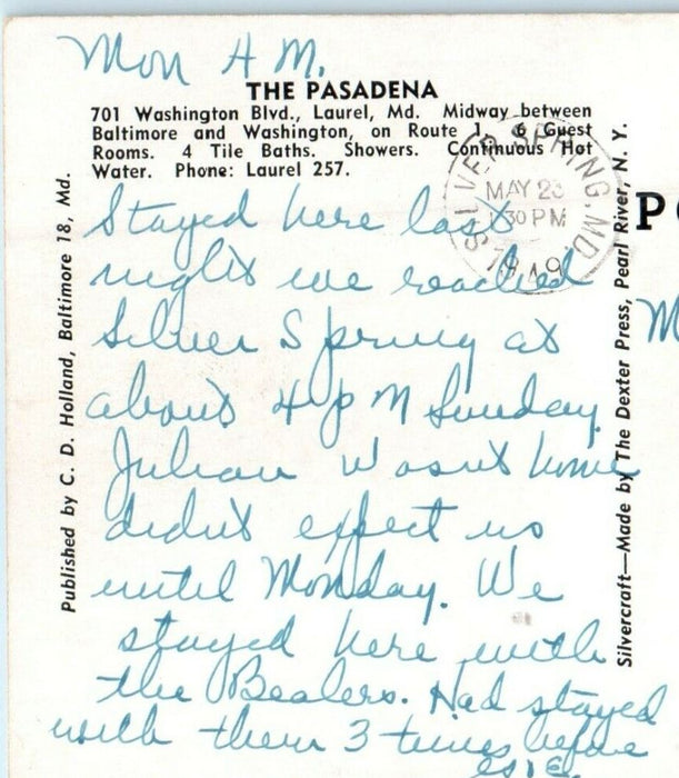 1949 The Pasadena Tourist Home Lodge Washington Blvd Laurel Maryland MD Postcard