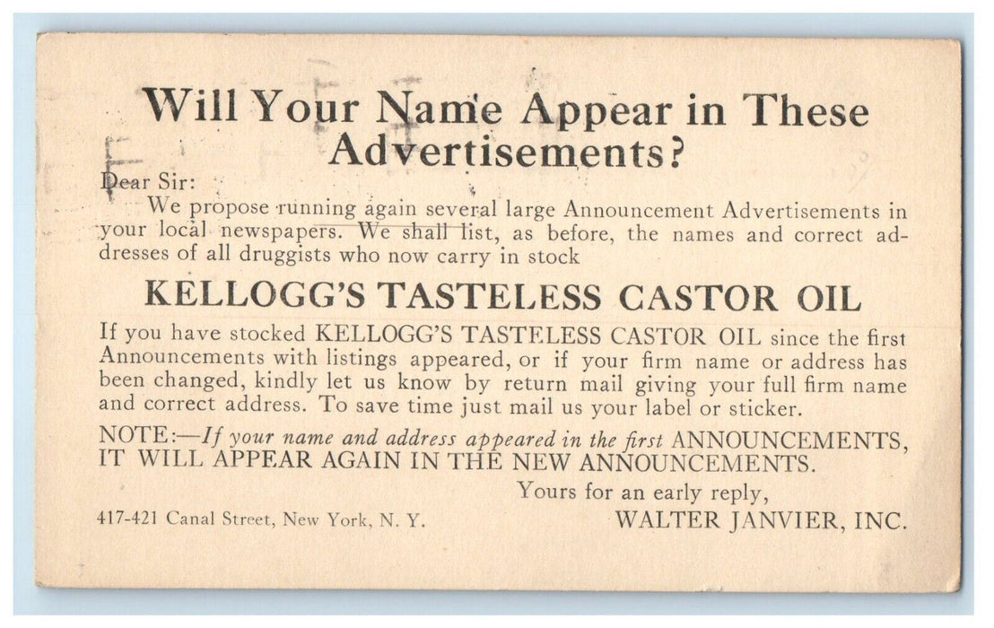 1920 Kellogg's Tasteless Castor Oil New York City NY Advertising Postcard