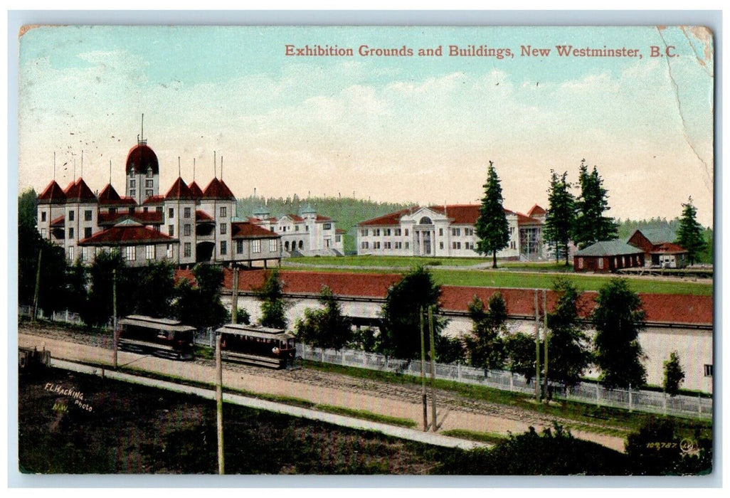 1910 Exhibition Grounds Buildings Trolley New Westminster B.C. Canada Postcard
