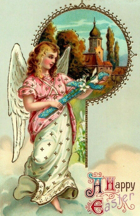 EAS Stunning Easter Angel Gel Gold Gilt Cross Germany c1910 Art Nouveau Postcard