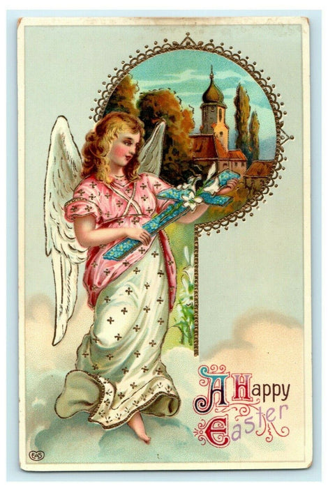 EAS Stunning Easter Angel Gel Gold Gilt Cross Germany c1910 Art Nouveau Postcard