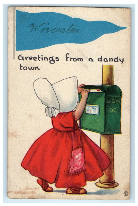 c1910s Dutch Kid, Greetings from Dandy Town Worcester Massachusetts MA Postcard