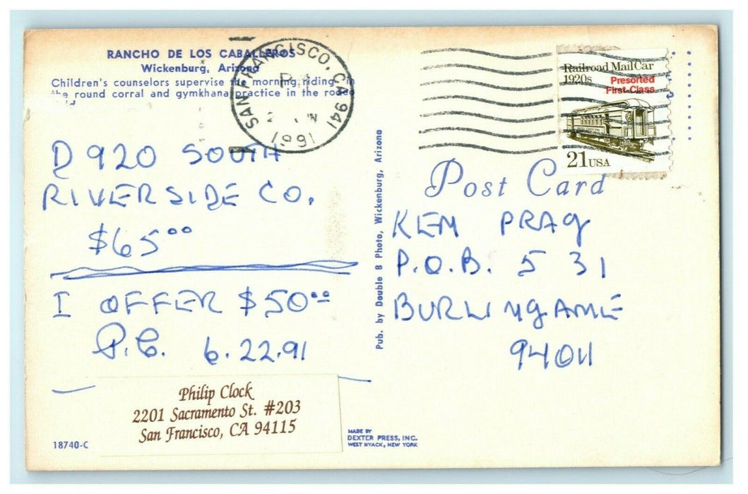 1991 Rancho De Los Caballeros Wickenburg Arizona AZ Posted Vintage Postcard