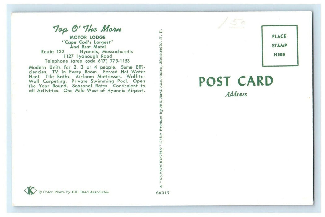c1950's Top O' The Morn Motor Lodge Motel Hyannis Massachusetts MA Postcard