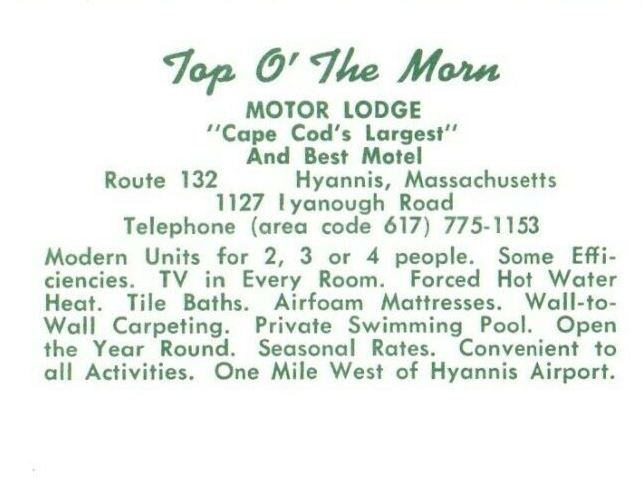 c1950's Top O' The Morn Motor Lodge Motel Hyannis Massachusetts MA Postcard