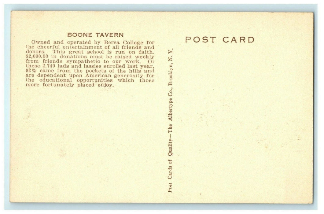 c1920's Boone Tavern Berea Kentucky KY Albertype Vintage Postcard