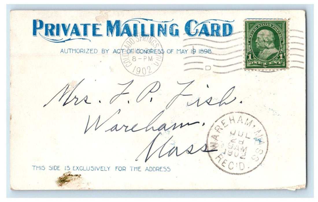 1902 Seven Falls Cheyenne Canon Colorado Springs CO Wareham MA PMC Postcard