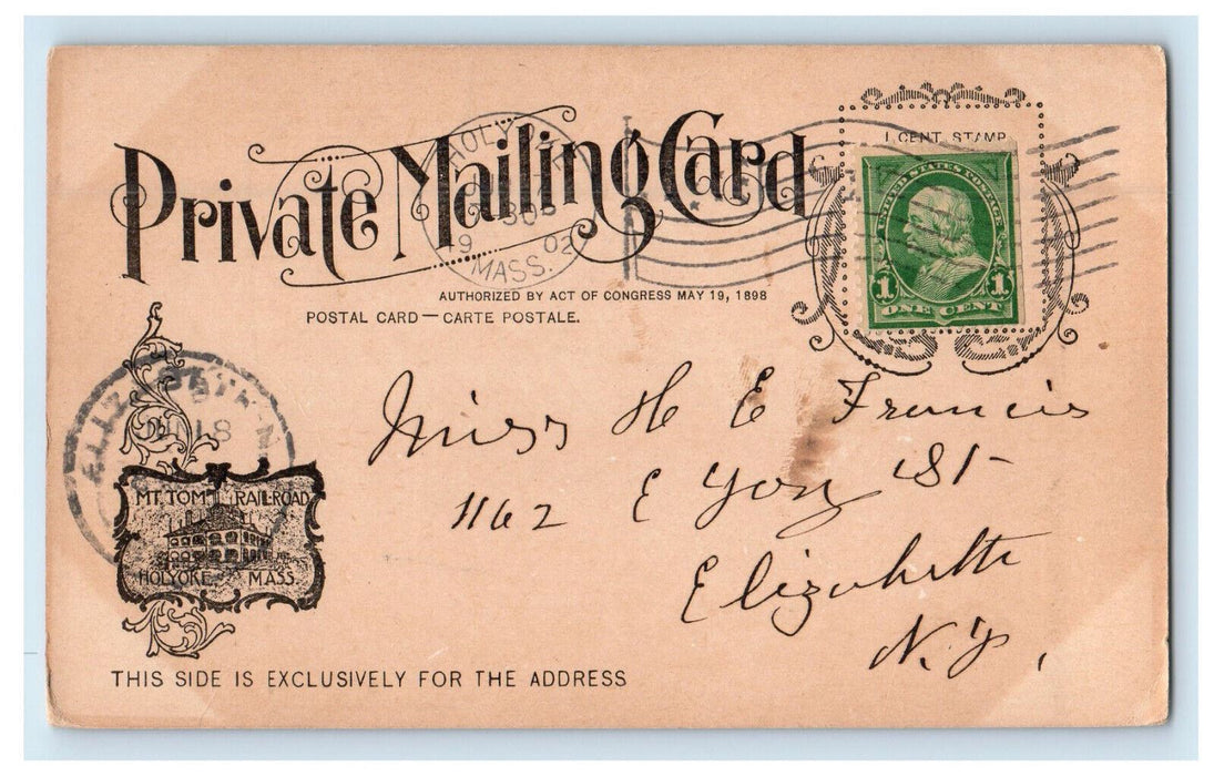 1902 Looking Up Mt. Tom Railroad Holyoke Massachusetts MA PMC Postcard