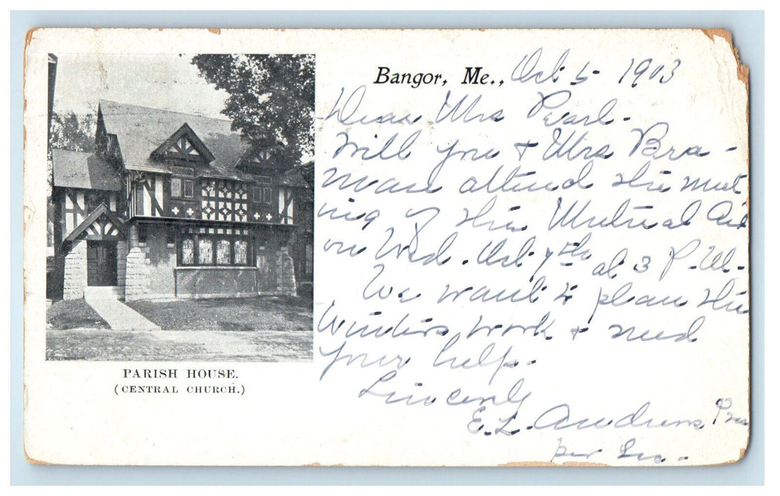 1903 Parish House, Central Church, Bangor Maine ME PMC Posted Postcard