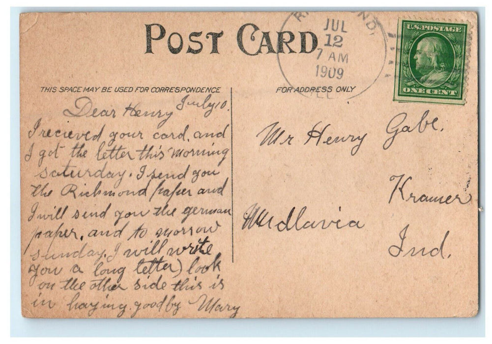 1909 Three People Sitting, Richmond Illinois IL Antique Posted Postcard