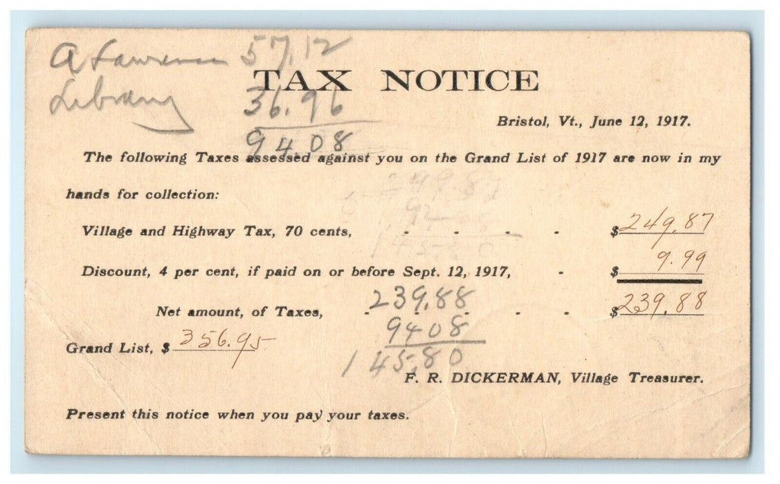 1917 Tax Notice Grand List Bristol Vermont VT Antique Postcard