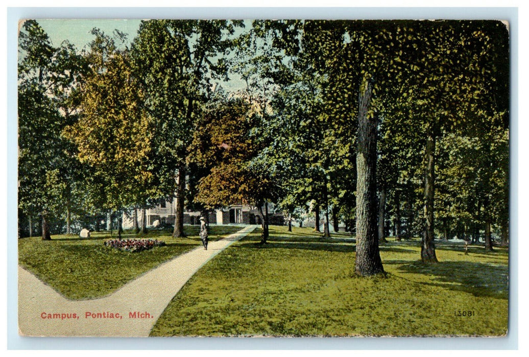 1913 View of Trees and Grasses Campus Pontiac Michigan MI Antique Postcard