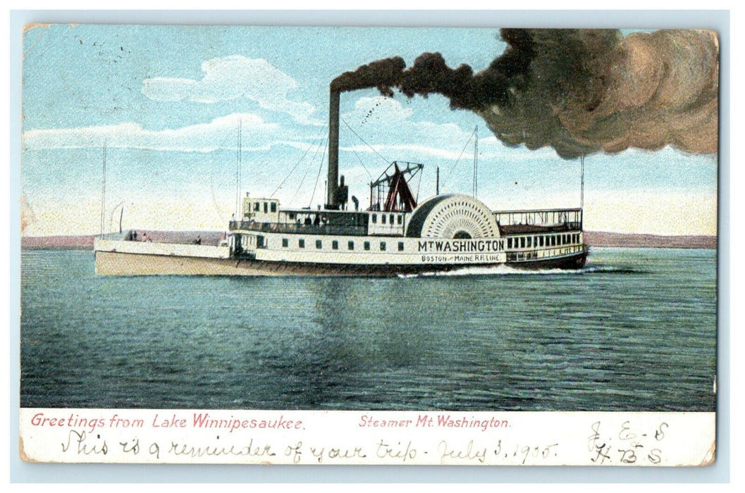 1905 Greetings From Lake Winnipesaukee Steamer Mt. Washington NH Postcard
