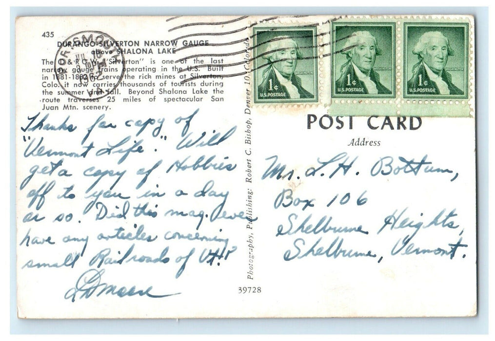 1962 Silverton CO, Durango  Narrow Gauge Shalona Lake Railroad Train Postcard