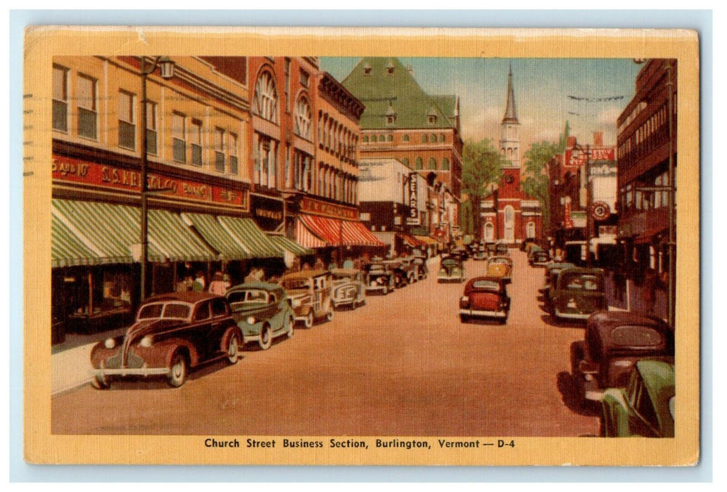 1950 Church Street Cars Business Section Burlington Vermont VT Vintage Postcard