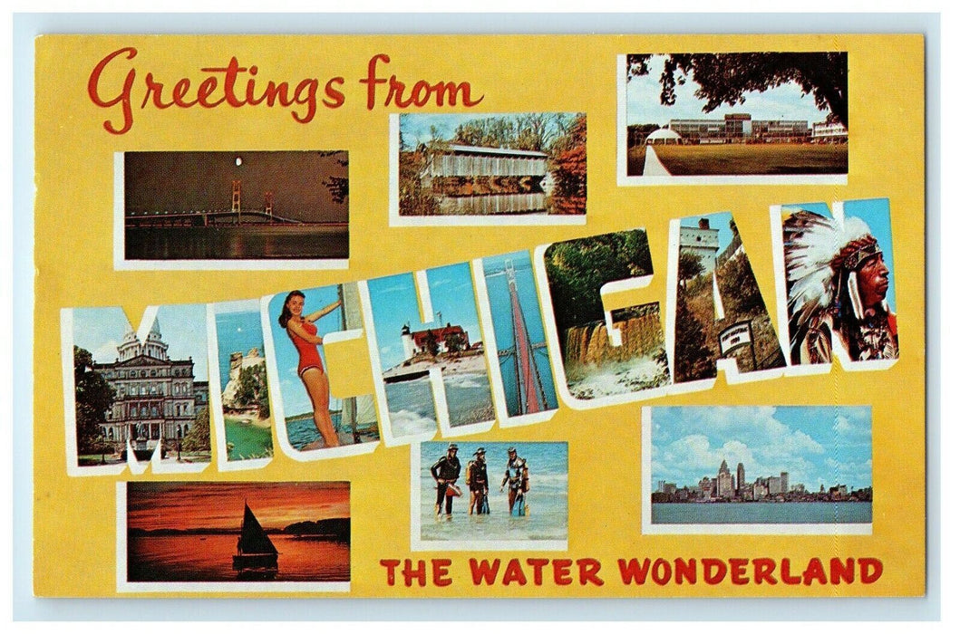 Greetings From The Water Wonderland Michigan MI Big Letters Multiview Postcard