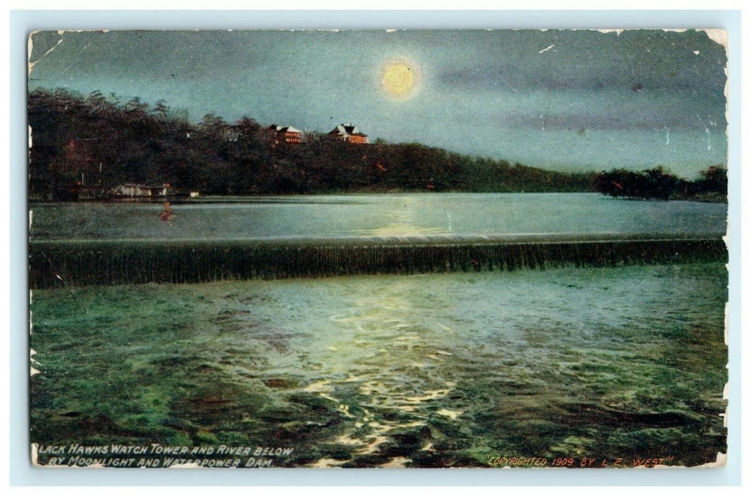 1909 Black Hawks Watch Tower River Dam Moonlight Illinois Antique Postcard