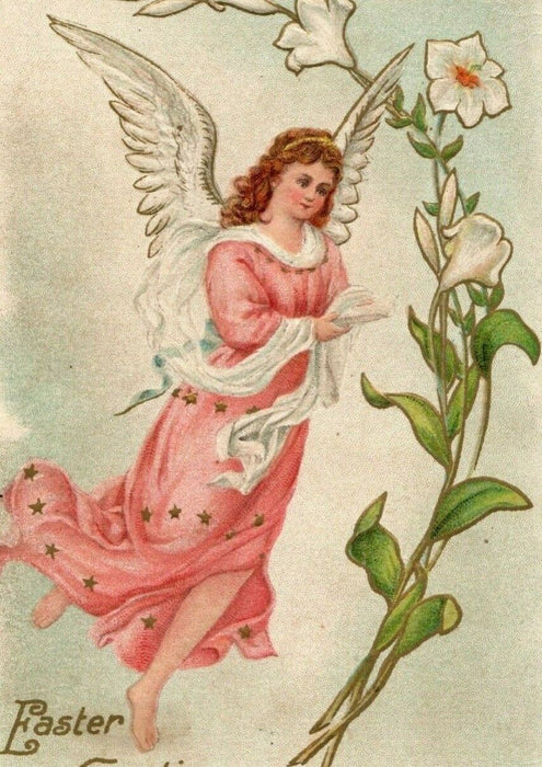 c1910 Easter Angel Lilly Flowers Embossed Gold Lima Ohio Antique Postcard