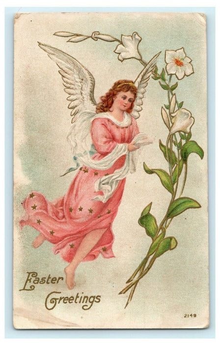 c1910 Easter Angel Lilly Flowers Embossed Gold Lima Ohio Antique Postcard